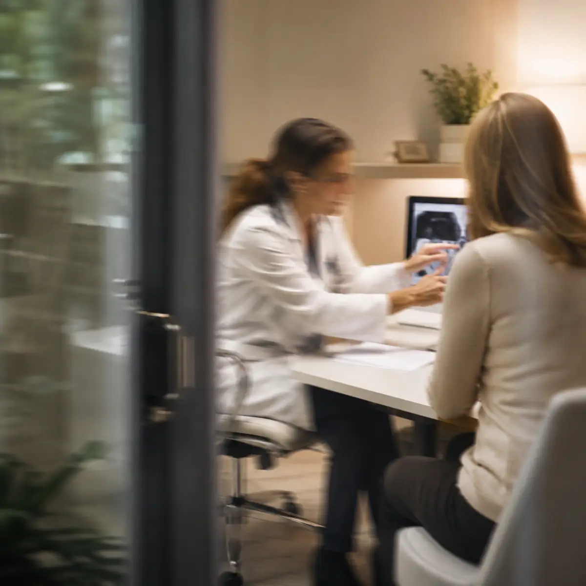 Médica mostrando um exame na tela para a paciente, vista através do vidro do consultório