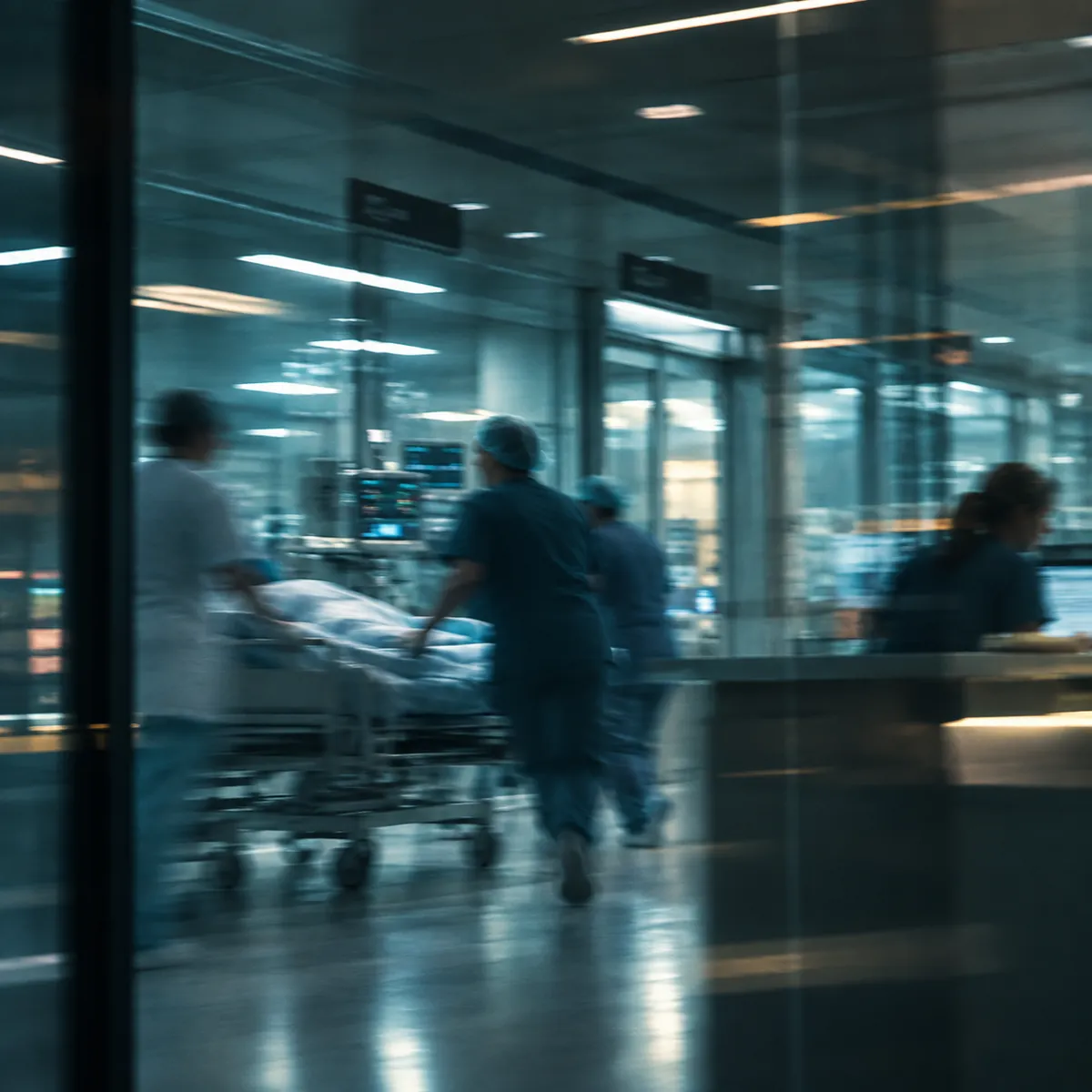 Corredor movimentado de um hospital visto através do vidro