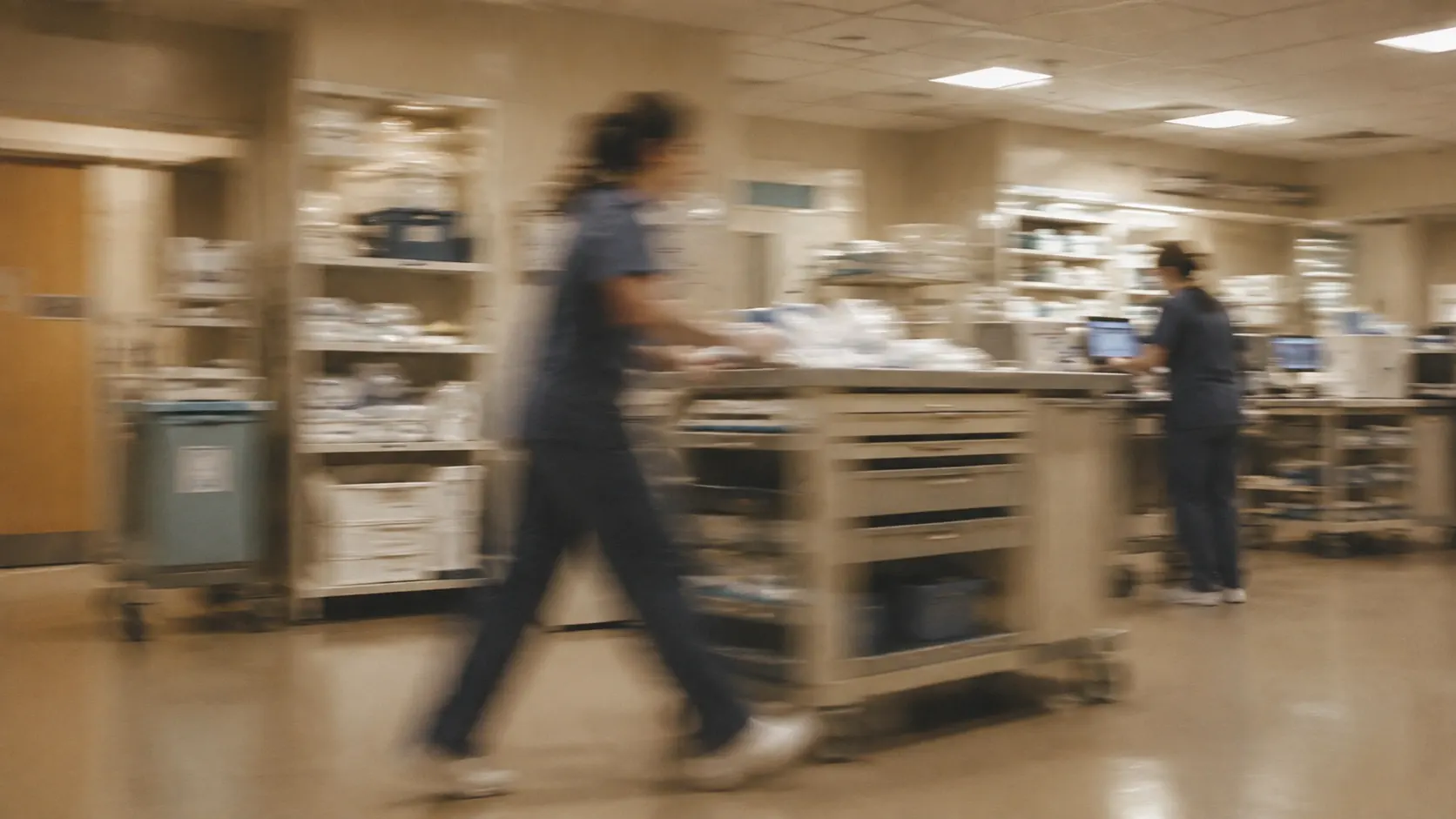 Equipe de enfermagem em movimento pelo corredor de um hospital
