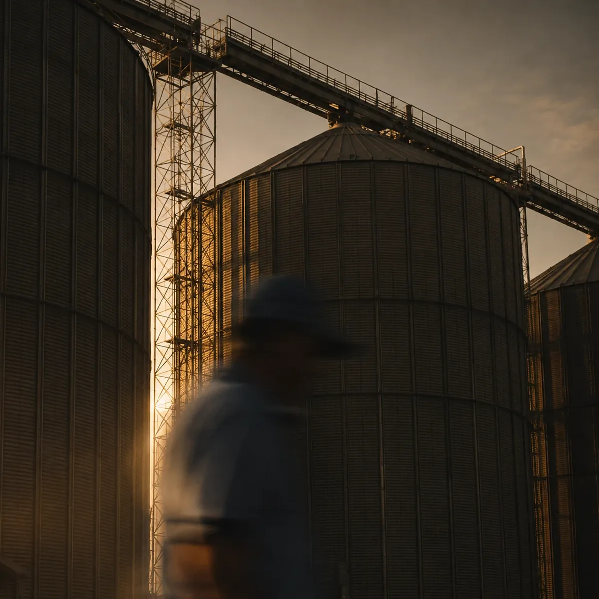 Produtor caminhando entre silos de armazenagem ao pôr do sol
