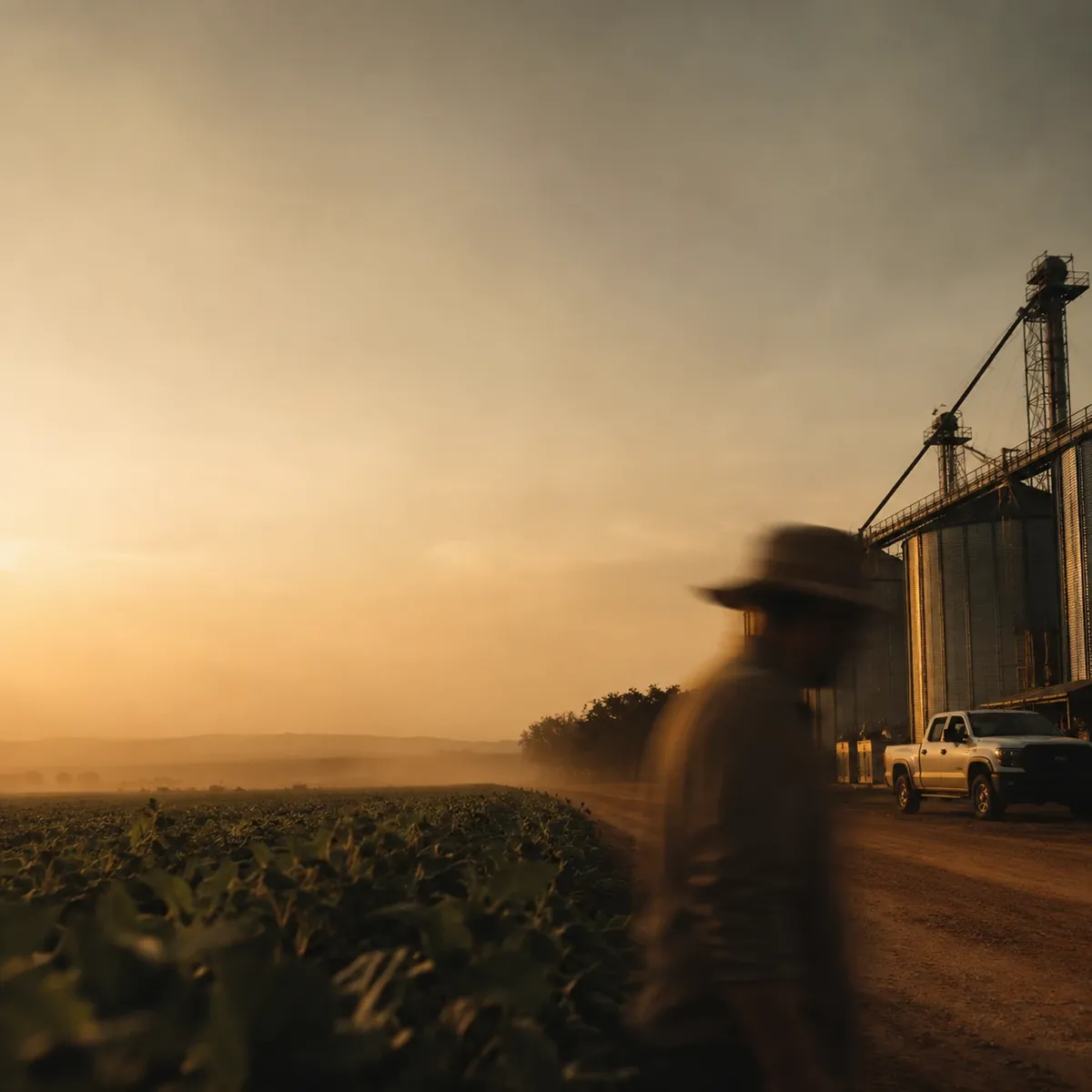 Produtor caminhando na beira da lavoura ao amanhecer, com silos e caminhonete ao fundo