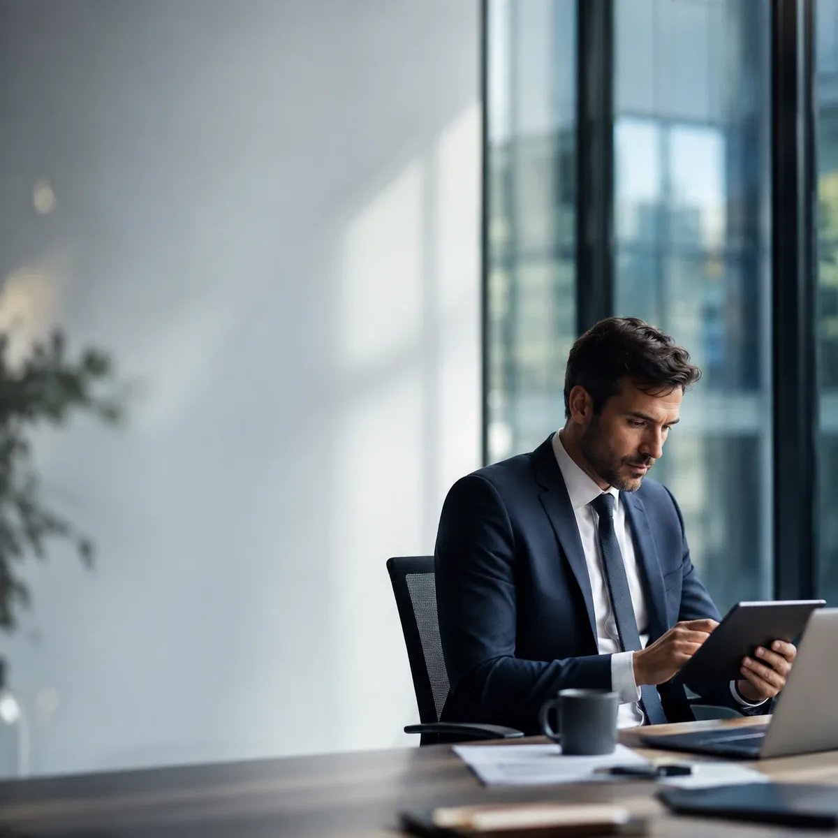 Executivo consultando um tablet à mesa de reunião, com a fachada de vidro ao fundo