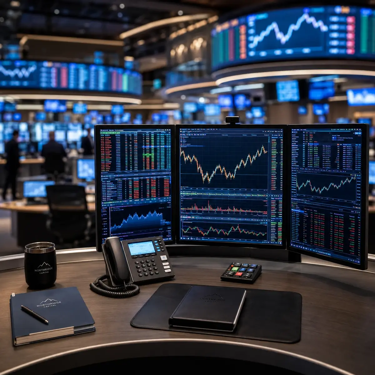Mesa de operações com monitores de cotações e painéis de mercado ao fundo