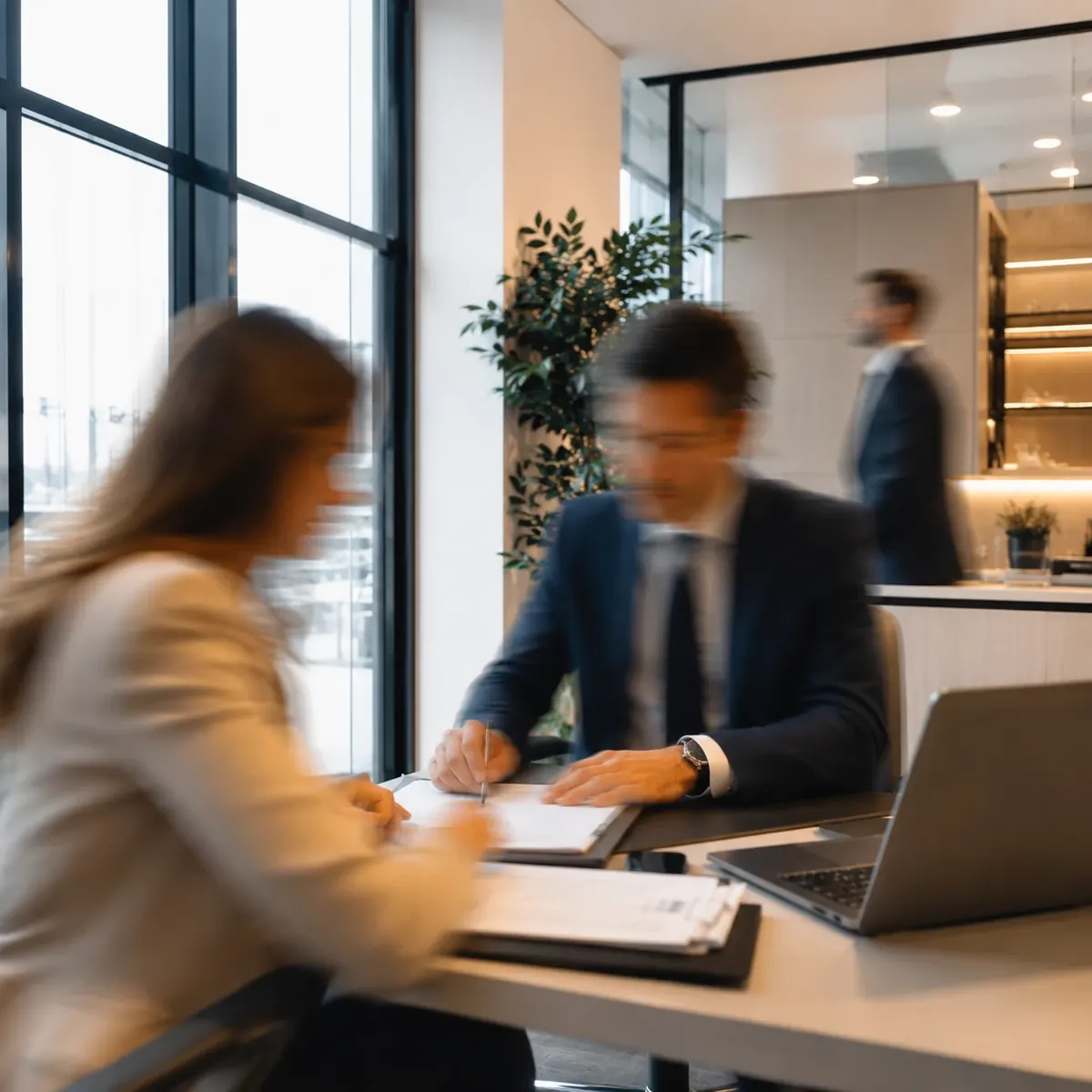 Cliente e gerente assinando contrato na mesa de uma agência, com o movimento do salão ao fundo