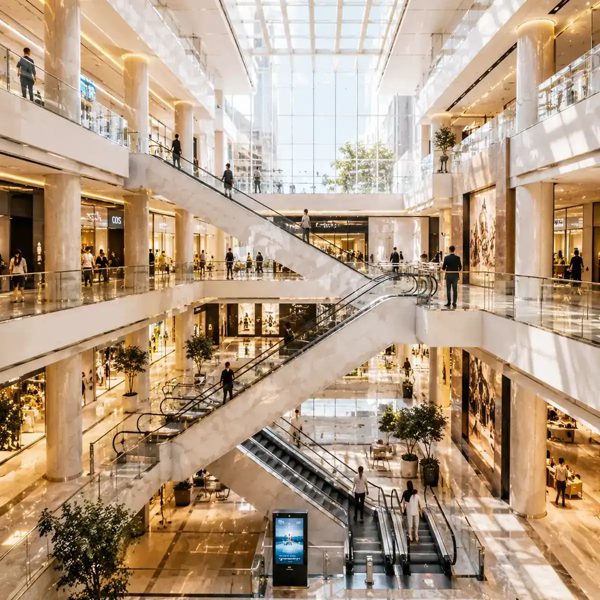 Salão de um shopping em vários pisos, com lojas iluminadas e clientes circulando